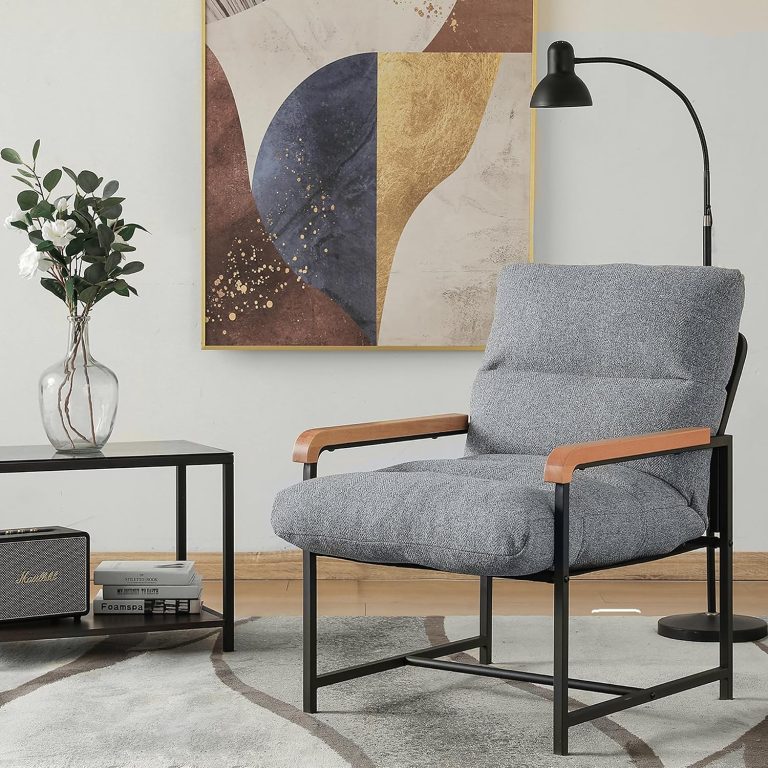 Mingone Fauteuil Salon Confortable en Tissu Lin Chaise de Loisirs Relax avec Accoudoirs en Bois Fauteuil Lounge 1 Place pour Salon Chambre Bureau (Gris, Style Minimaliste-Accoudoirs en Bois Massif)